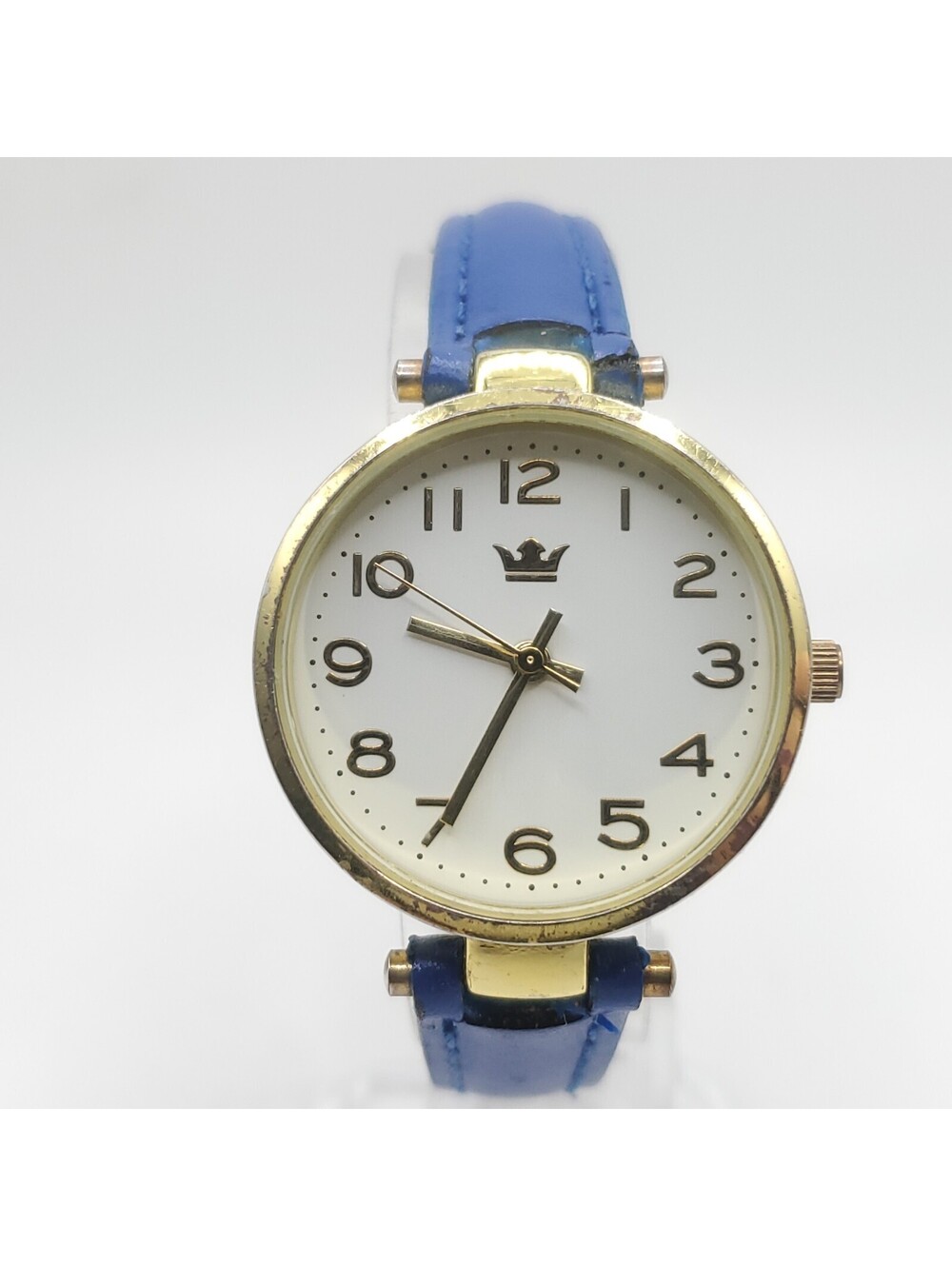 Accutime Quartz  Womens Watch 30mm Gold Tone Blue Leather Band New Battery